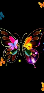 Colorful neon butterfly art wallpaper with dark background.