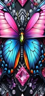 Vibrant butterfly with jewel details on phone wallpaper.