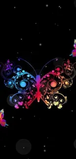 Vibrant butterfly with floral design on black background.