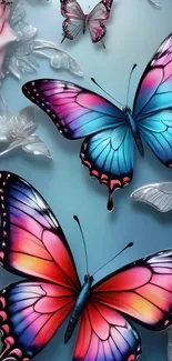 Vibrant butterfly art on blue background with floral accents.