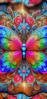 Intricate rainbow butterfly pattern wallpaper with vibrant swirling designs.
