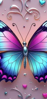 Vibrant butterfly with colorful wings on wallpaper.