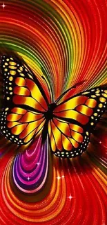 Vibrant butterfly with red swirls and rainbow patterns in abstract art style.