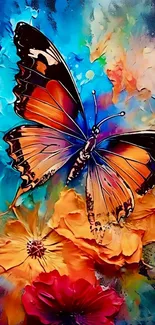 Colorful butterfly art with vibrant flowers.