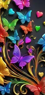 Colorful butterfly art wallpaper with hearts.