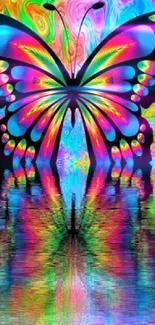 Colorful psychedelic butterfly wallpaper with vibrant rainbow design.