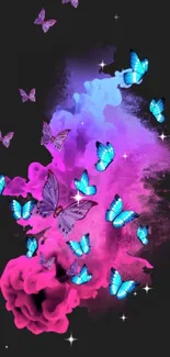 Colorful butterfly wallpaper with pink and blue hues on a dark background.