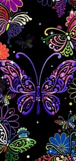 Vibrant butterfly and floral art design wallpaper.