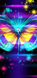 Vibrant butterfly with neon colors and starry accents on black background.