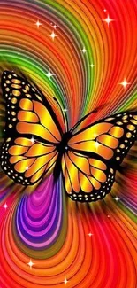 Colorful butterfly with rainbow swirl background wallpaper.