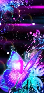 Colorful neon butterflies on a dark cosmic background.