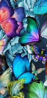 Colorful butterfly art wallpaper with vibrant blue hues and intricate patterns.