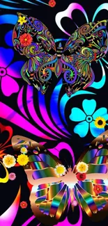 Colorful butterfly and flower pattern wallpaper with vibrant designs.