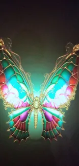 Vibrant butterfly art on stained glass effect wallpaper.