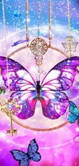 Vibrant butterfly with mystical elements on colorful background.