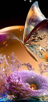 Vibrant butterfly and floral art wallpaper in orange and purple hues.