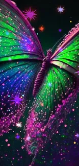 Vibrant neon butterfly wallpaper with colorful and intricate design.