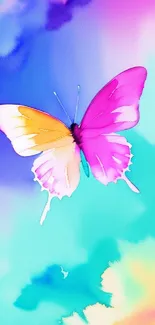 Vibrant watercolor butterfly on a colorful background.