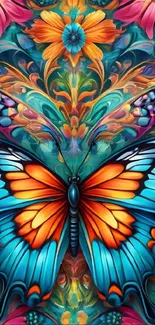 Vibrant butterfly with colorful floral background.