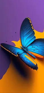 Vibrant blue butterfly on colorful background.