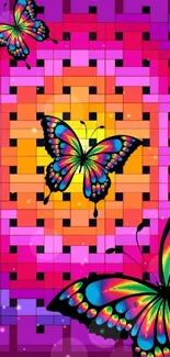 Colorful butterflies on a geometric pattern wallpaper with vibrant magenta tones.