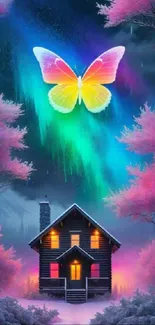 Vibrant butterfly and night sky wallpaper with a cozy cottage below.