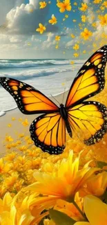 Vibrant butterfly with yellow flowers by the beach.