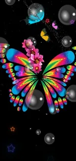 Colorful butterfly on a black background mobile wallpaper.