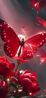 Red butterfly perched amid vibrant red flowers with a dreamy backdrop.