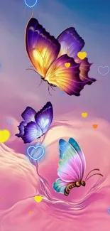 Colorful butterflies on pink and purple gradient background.