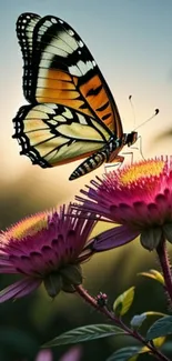 Butterfly perched on vibrant pink flowers with a serene background.