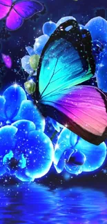 Vivid butterfly with glowing blue flowers.