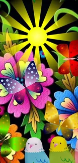 Vibrant wallpaper with butterflies and flowers.