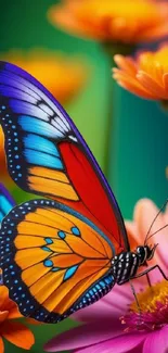 Vibrant butterfly resting on colorful flowers in a nature-themed wallpaper.