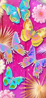 Colorful butterflies and flowers on pink background.