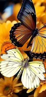 Two colorful butterflies on vibrant yellow flowers.