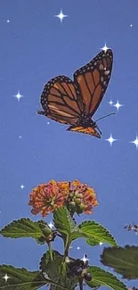 Colorful butterfly flutters over flowers beneath a vivid blue sky.