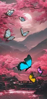 Vibrant wallpaper with butterflies and cherry blossoms over mountains.