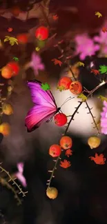 Pink butterfly perched on a branch with blossoms.