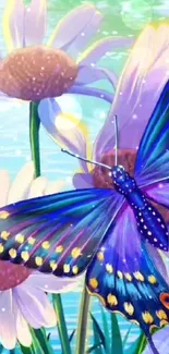 Vibrant butterfly on colorful blossoms with a serene nature background.