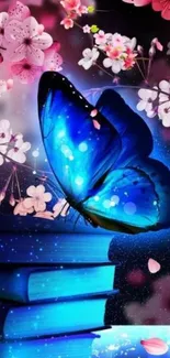 Colorful blue butterfly and pink blossoms wallpaper.