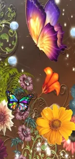 Vibrant purple butterfly and flowers wallpaper with a touch of nature elegance.