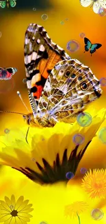 Butterfly on yellow flower wallpaper with colorful bubbles and blossoms.