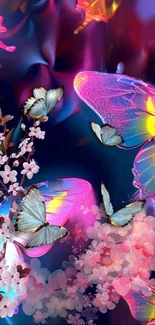 Colorful butterflies and flowers mobile wallpaper with a dark purple background.