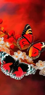 Vibrant butterflies and blossoms wallpaper with rich red tones.