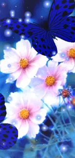 Blue butterflies with pink flowers on a vibrant nature-themed wallpaper.