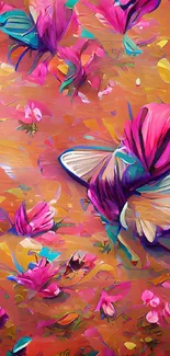 Vibrant pink and orange butterfly blossoms wallpaper with artistic flair.