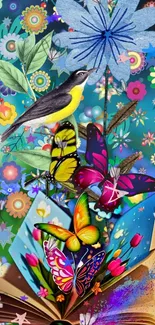 Vibrant fantasy wallpaper with butterflies, flowers, and a bird from an enchanted book.