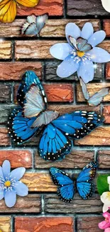 Colorful butterflies and flowers on a brick wall wallpaper.