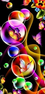 Colorful butterfly and bubble wallpaper with vibrant floral designs.